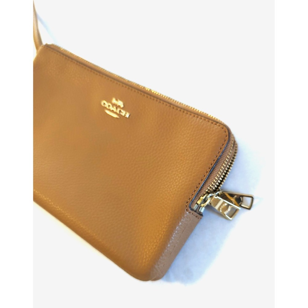 New Coach Double Zip Pebble Leather Wristlet Wallet Light Saddle - Picture 10 of 10